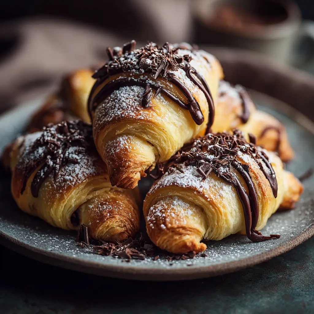 A step-by-step image showing how to make chocolate crescent rolls, with dough triangles topped with chocolate chips before rolling.