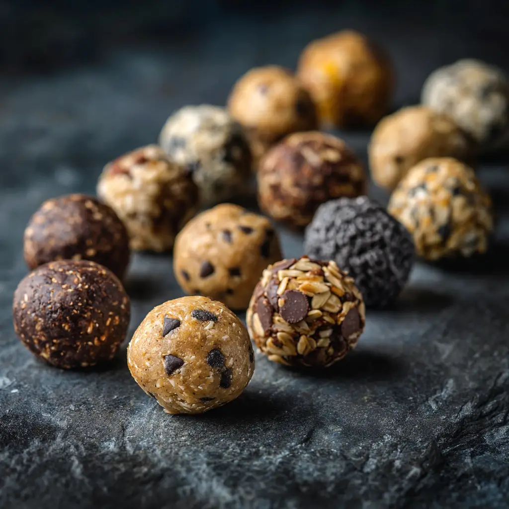 The process of making the protein balls recipe, with the mixed dough in a bowl before being rolled into energy bites.