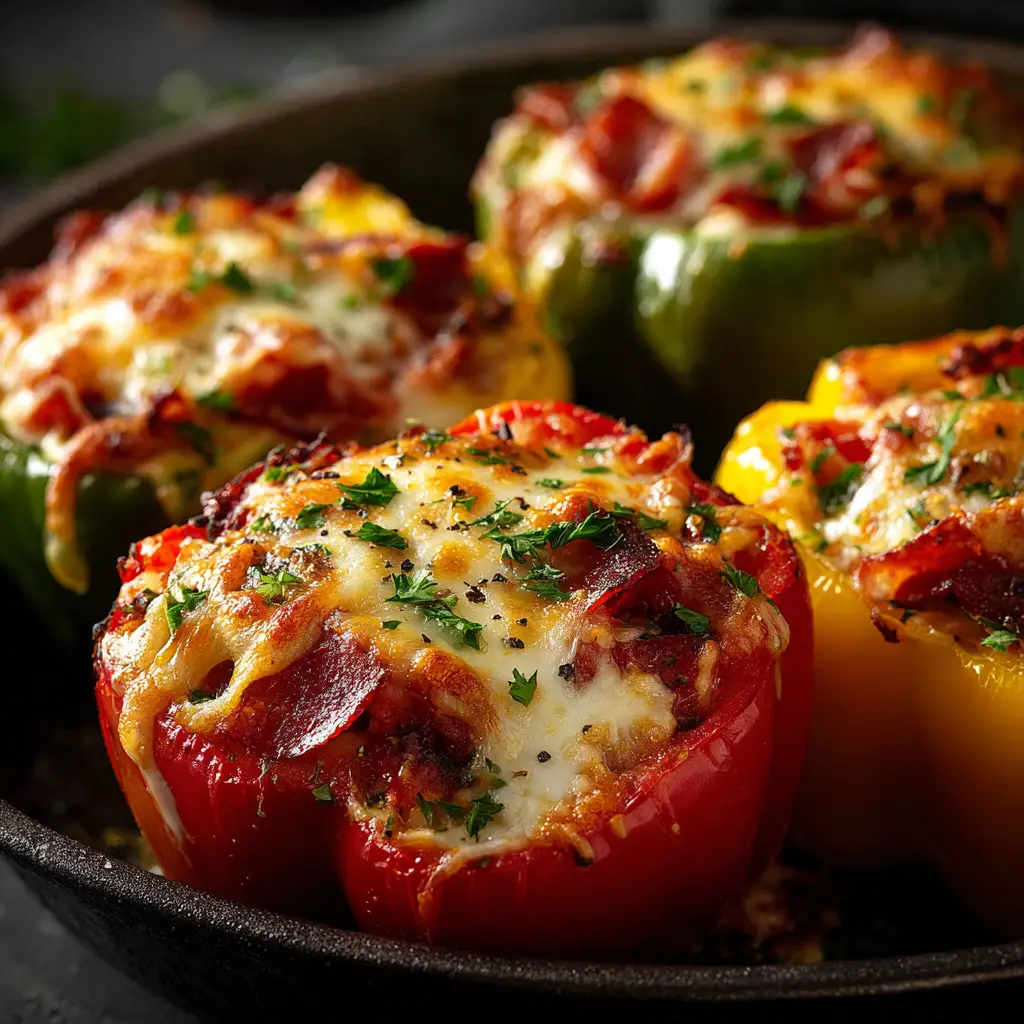 A step-by-step image showing the bell pepper halves being stuffed with the savory Italian sausage and marinara filling before being baked.