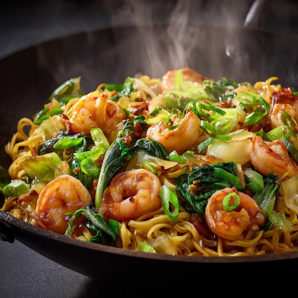 A close-up shot of the shrimp stir fry with noodles being tossed in a wok, showing the glossy garlic ginger sauce coating the shrimp and vegetables.