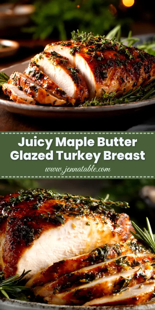 A beautiful overhead shot of a perfectly cooked Maple Glazed Turkey Breast, sliced and ready to serve, highlighting its juicy interior and caramelized glaze.