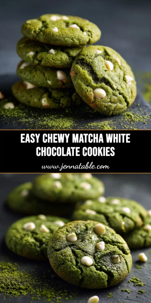 Matcha Cookies Recipe (Chewy & Vibrant Green) 3 A stack of vibrant green matcha cookies with white chocolate chips, showcasing the perfect chewy texture. This image represents the finished Matcha Cookies Recipe.