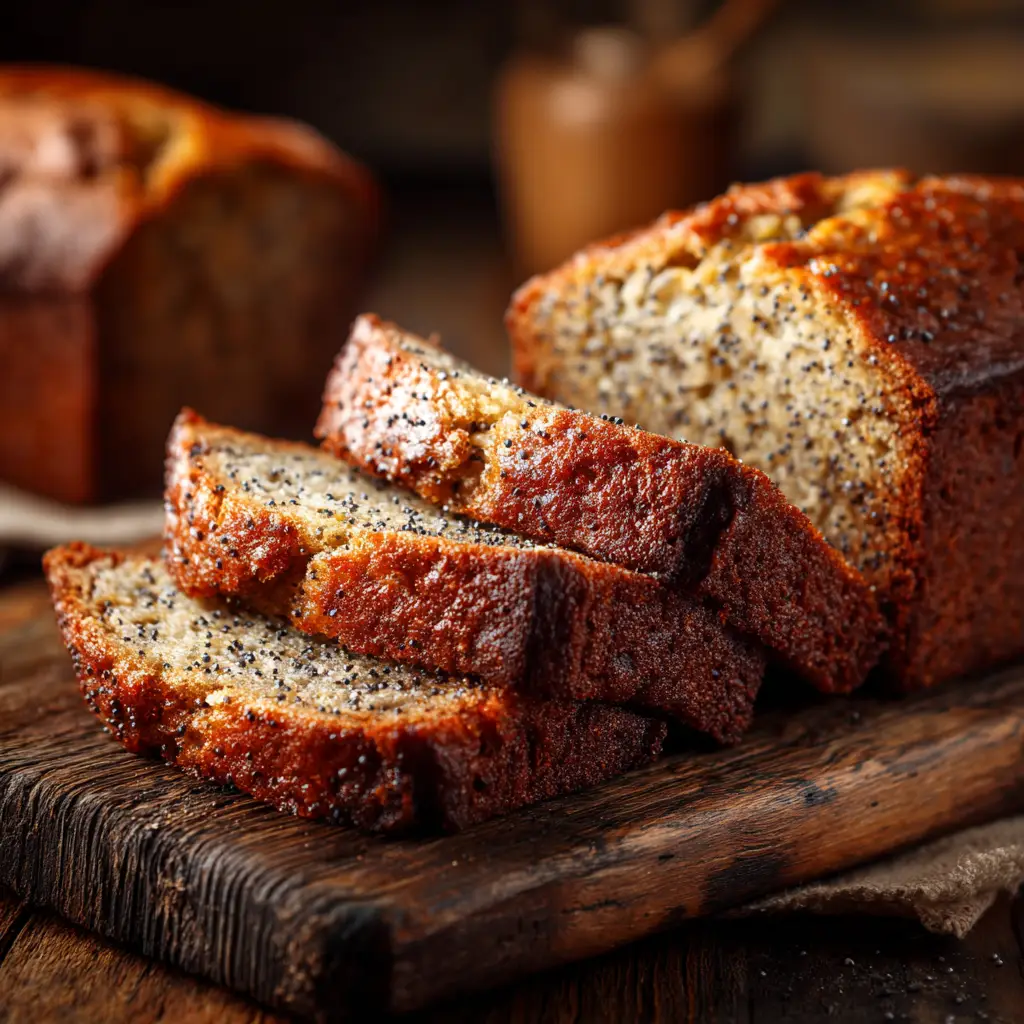 A close-up shot of a thick slice of moist banana bread, showing the soft and tender crumb.
