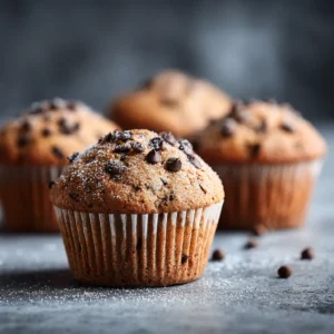 A close-up shot of a fluffy chocolate chip protein muffin split in half, showcasing its moist and tender texture.