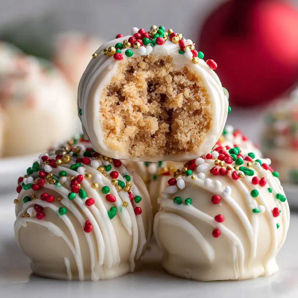 An overhead shot of several sugar cookie truffles on a plate, showing the creamy texture of the no-bake sugar cookie dough.
