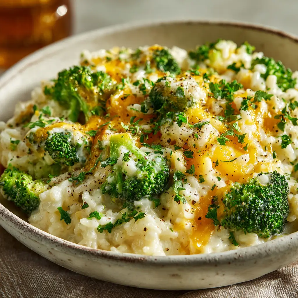 A serving of one-pan cheesy broccoli rice on a plate, garnished with fresh parsley. The perfect side dish for a weeknight dinner.