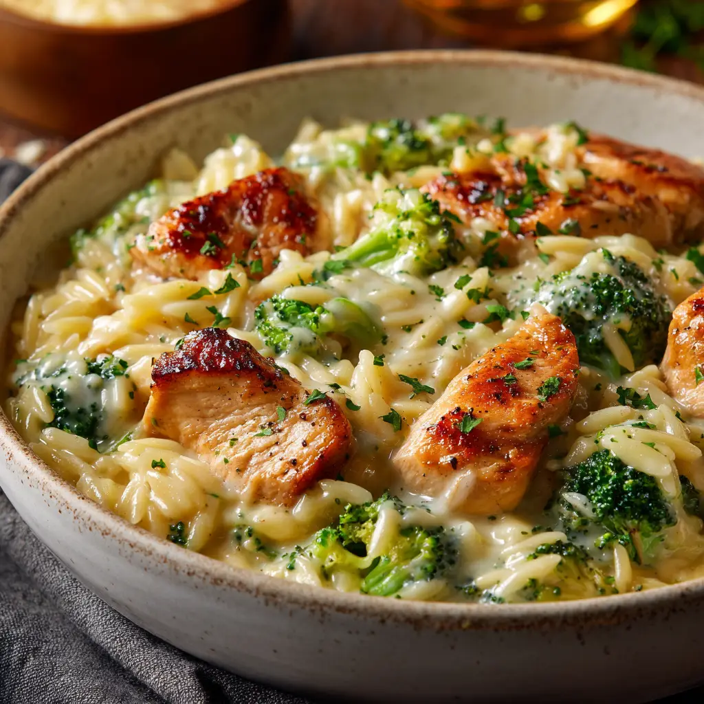 The full skillet of chicken broccoli orzo, showing the melted cheese and tender broccoli florets mixed throughout.