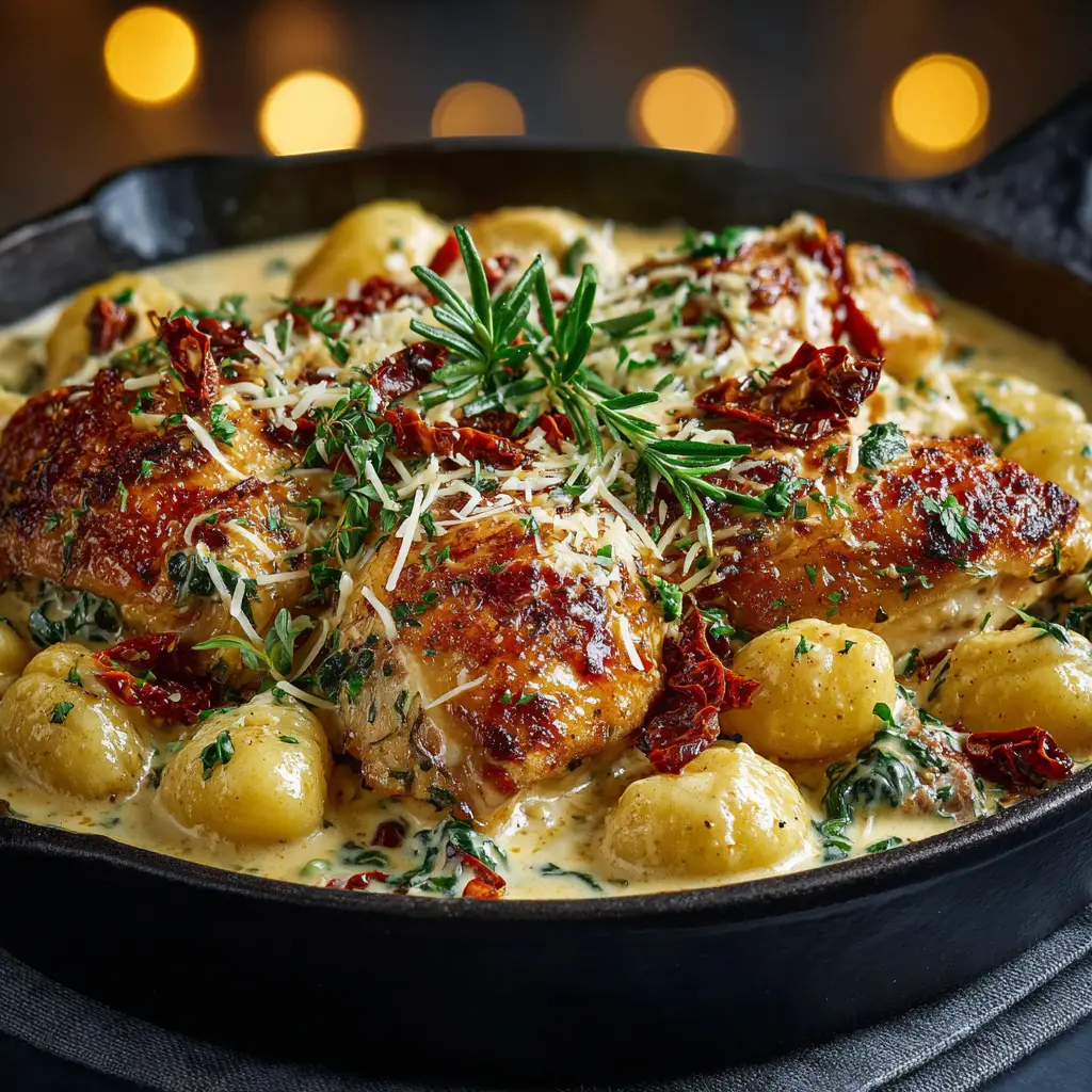 A serving of the one-pan chicken gnocchi on a fork, showcasing a piece of tender chicken, a seared gnoccho, and spinach.