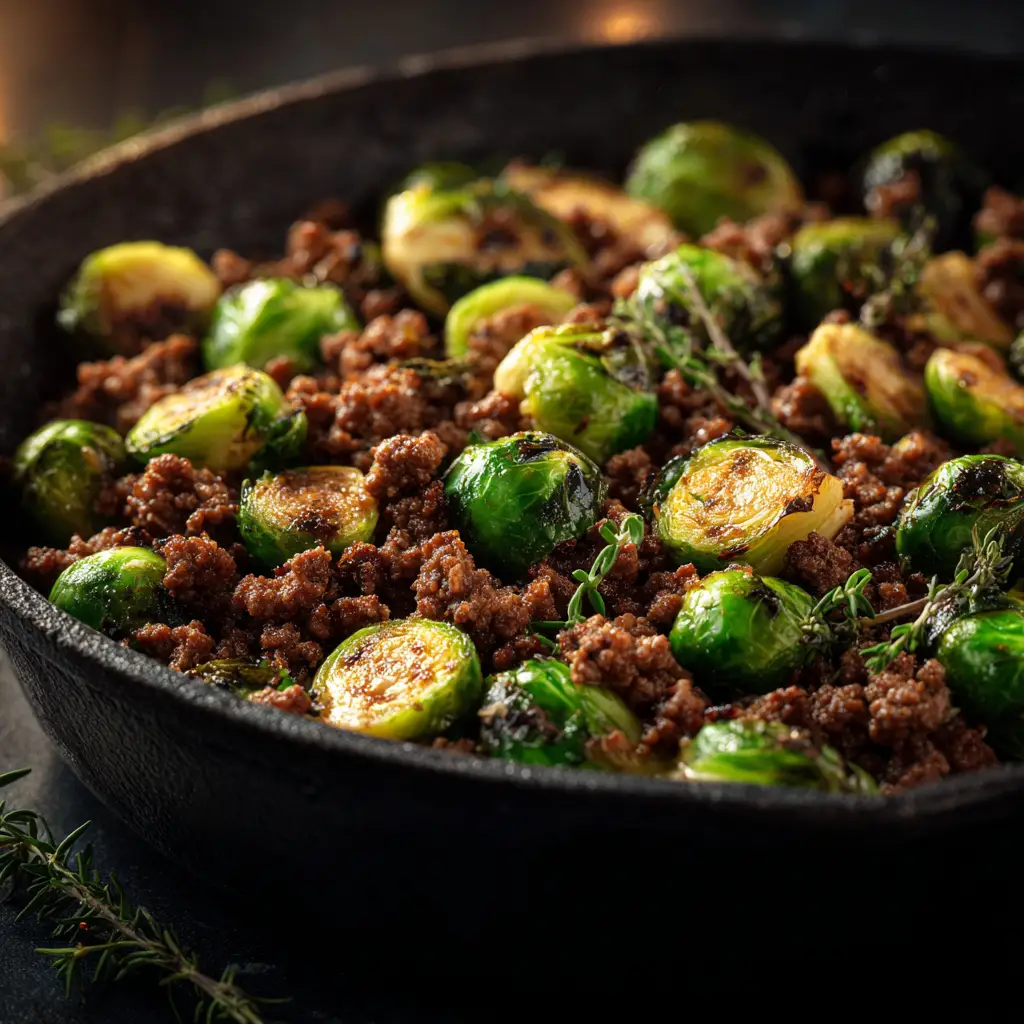 A rustic cast iron skillet filled with the savory ground beef and brussels sprouts mixture, ready to be served for a healthy dinner.
