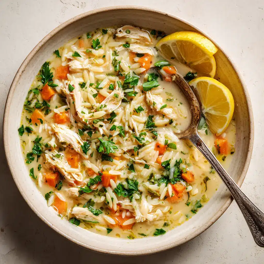 A Dutch oven filled with one-pot lemon chicken orzo soup, with a wooden spoon resting inside. The soup is garnished with fresh parsley.