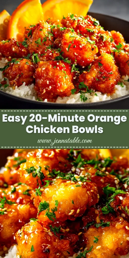 Orange Chicken Bowl Recipe (Better Than Takeout!) 3 A vibrant Orange Chicken Bowl Recipe served over fluffy white rice with steamed broccoli, garnished with sesame seeds and green onions in a white bowl.