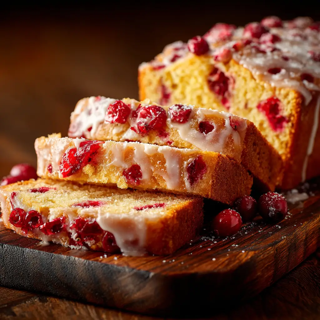 A freshly baked orange cranberry loaf on a wooden cutting board, with fresh oranges and cranberries scattered around it.