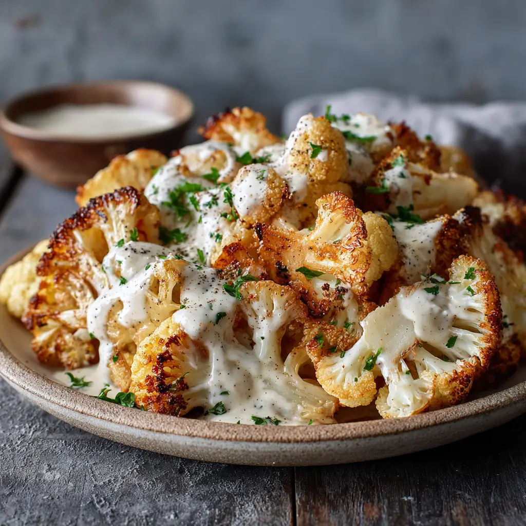 A serving bowl filled with perfectly golden-brown and crispy oven-roasted cauliflower, ready to be served as a healthy side dish.