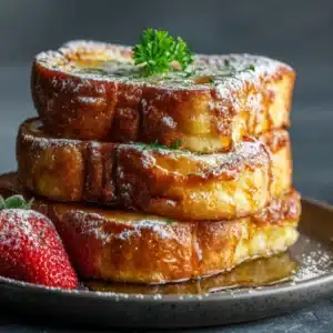 A close-up shot of pan-fried sweet bread french toast made with Hawaiian rolls, showing the golden, crispy texture of the exterior.