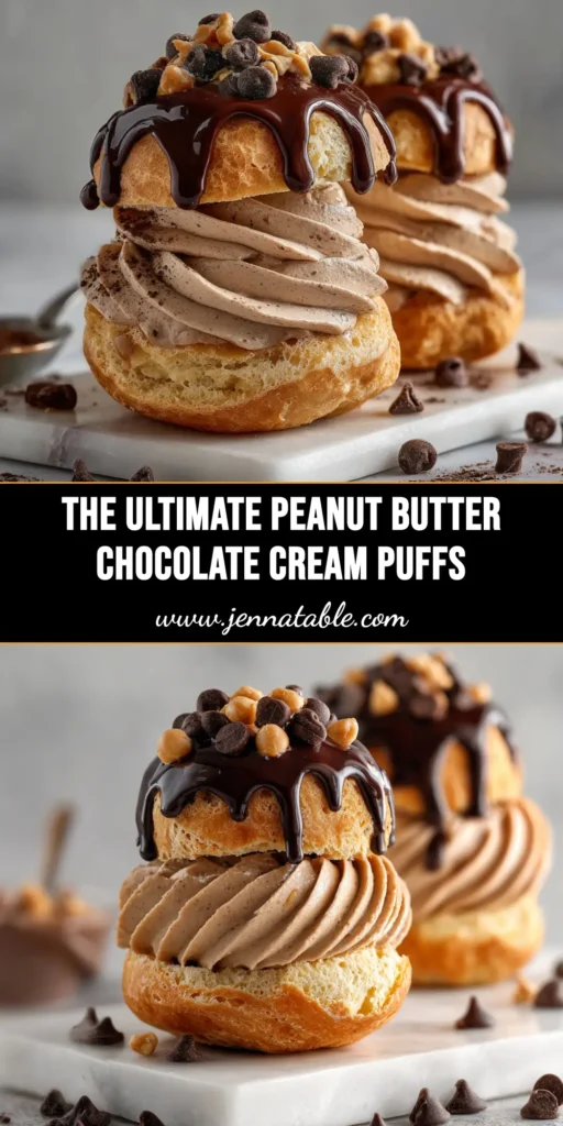 A delicious platter of homemade peanut butter chocolate cream puffs, with one cut in half to show the creamy filling. Perfect for Pinterest sharing.