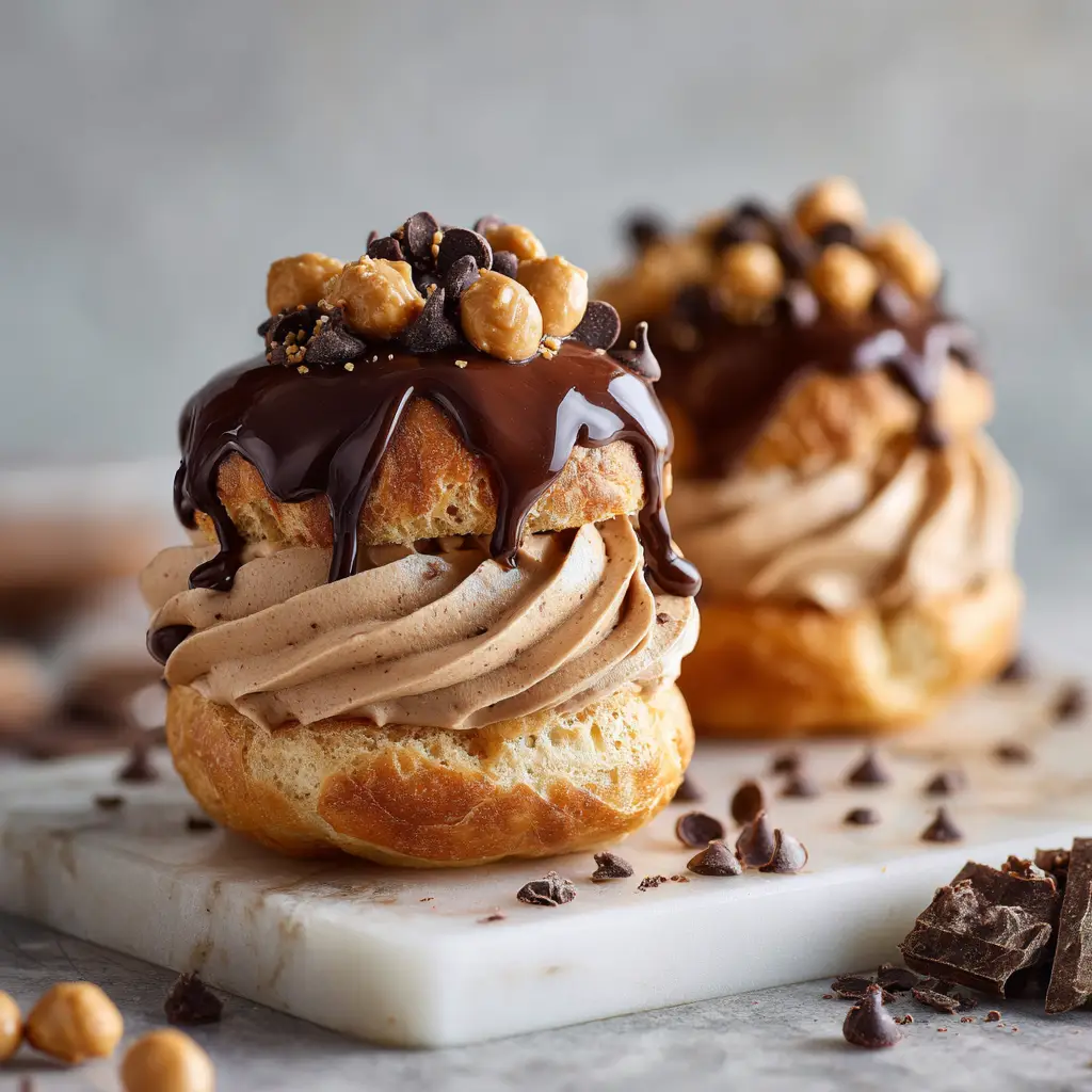 A gourmet peanut butter chocolate cream puff cut open to reveal the light and airy peanut butter cream filling inside the choux pastry.