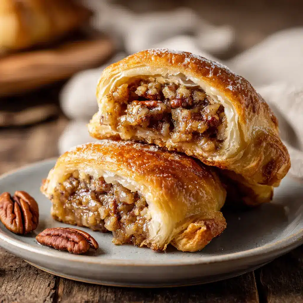 An extreme close-up of a golden brown pecan crescent roll, showcasing the flaky pastry layers and the crunchy, caramelized pecan filling inside.