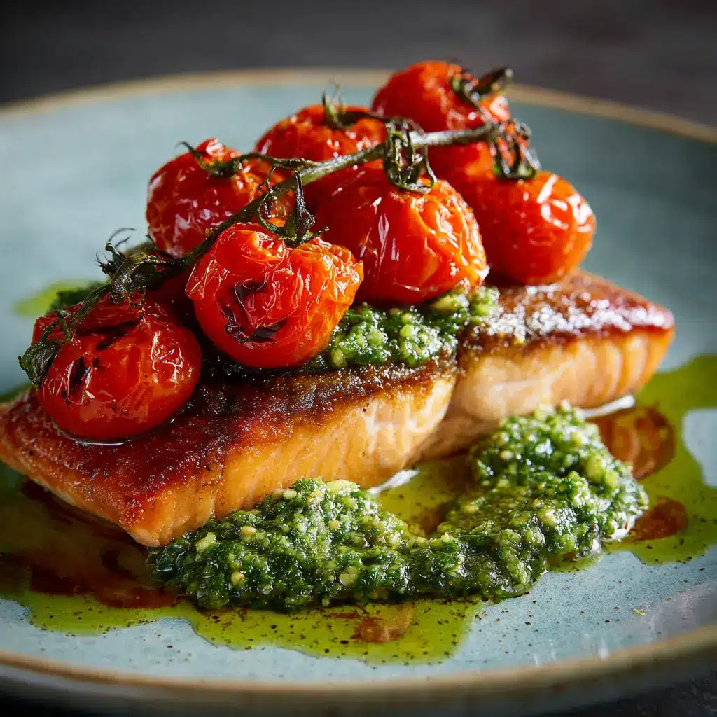 A piece of baked pesto salmon being flaked with a fork to show the tender inside. This image illustrates how to check if the salmon is perfectly cooked.