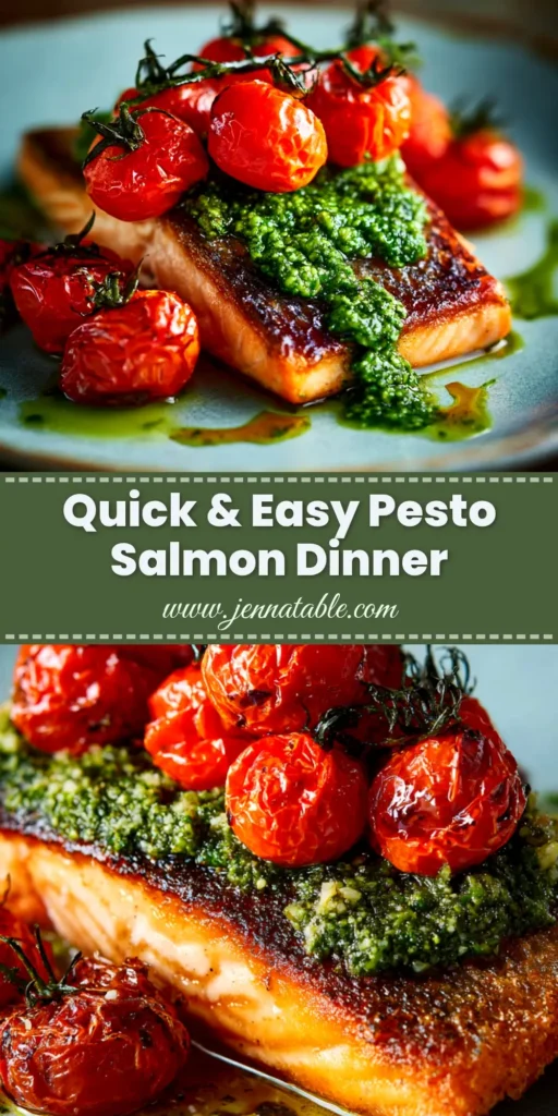 A delicious and easy pesto salmon recipe shown on a platter with fresh lemon. The salmon is perfectly baked with a vibrant green pesto topping.