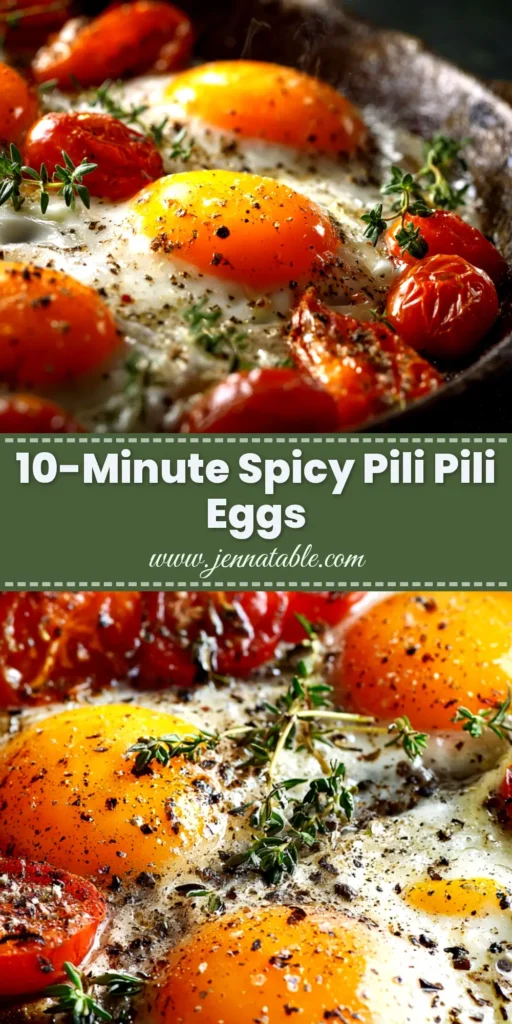 Pili Pili Eggs: The Ultimate Spicy African Breakfast Recipe 3 A stunning overhead shot of Pili Pili Eggs in a cast-iron skillet, with vibrant red tomato sauce and perfectly runny egg yolks. A piece of crusty bread is dipped into the sauce.