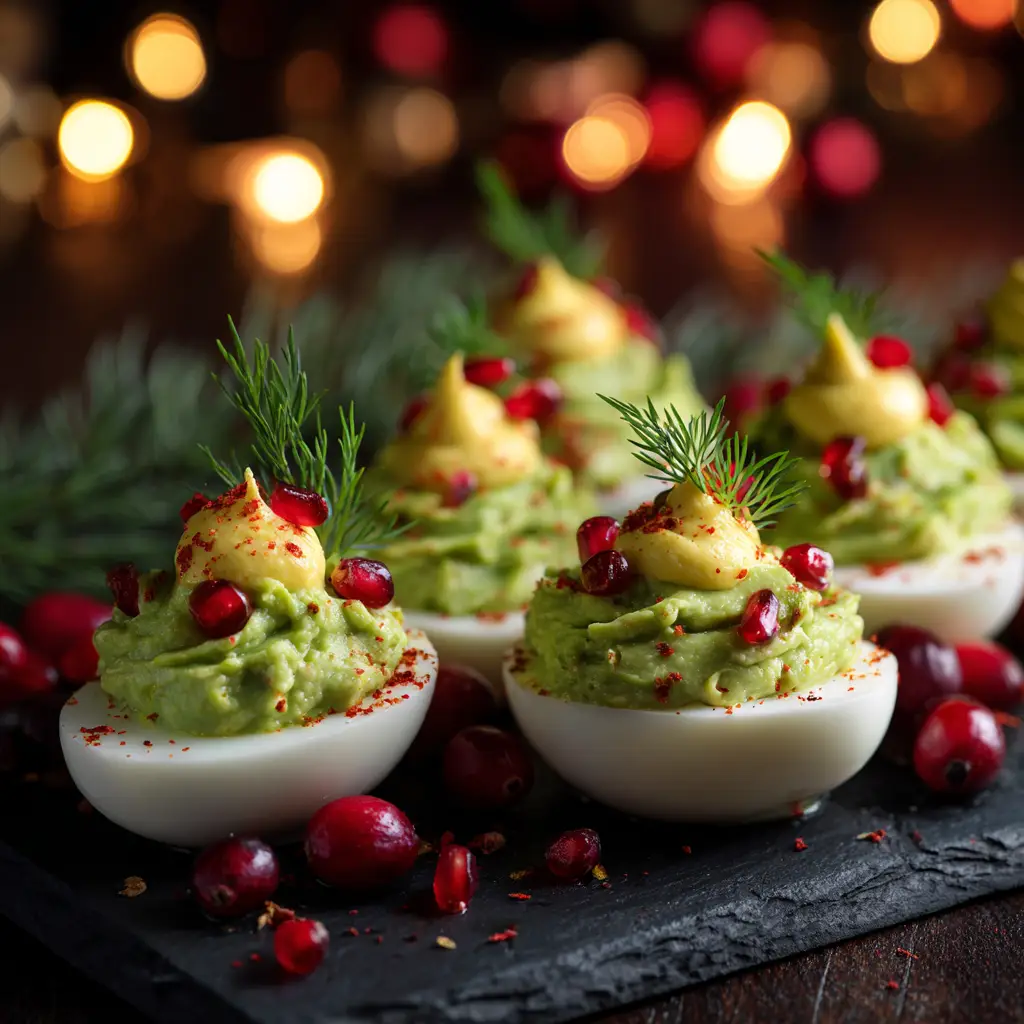 A tray of undecorated Christmas Tree Deviled Eggs showing the piped green filling before the garnishes are added.