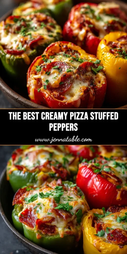 A close-up overhead shot of delicious pizza stuffed peppers in a white baking dish. The peppers are filled with sausage, topped with melted mozzarella cheese and crispy pepperoni.