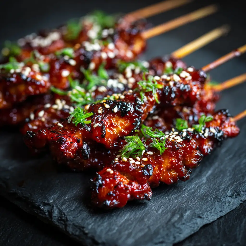 A plate of spicy Korean chicken skewers ready to be served, garnished with fresh sesame seeds and chopped green onions.