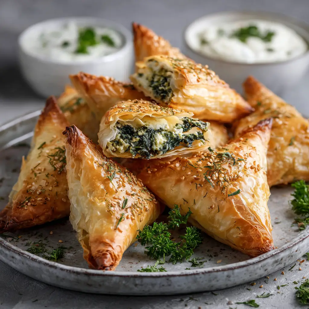 A process shot showing a hand brushing melted butter onto a sheet of phyllo dough with the spinach and feta filling nearby, demonstrating a key step in the recipe.