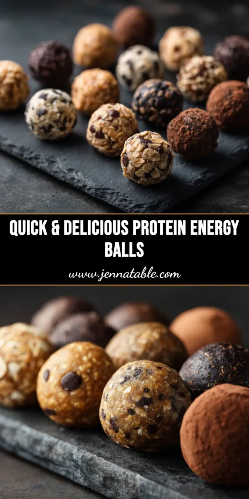 An overhead shot of homemade protein balls recipe with oats and chocolate chips on a wooden board. The perfect easy, no-bake energy bites.