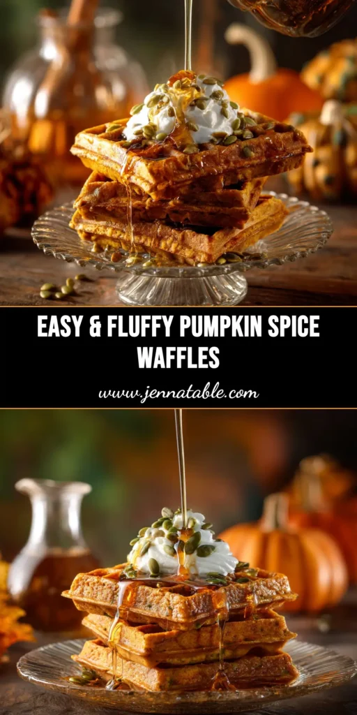 An overhead shot of a stack of golden brown pumpkin waffles, topped with a pat of melting butter, a dusting of powdered sugar, and a drizzle of maple syrup. The perfect pumpkin waffles recipe for a fall breakfast.