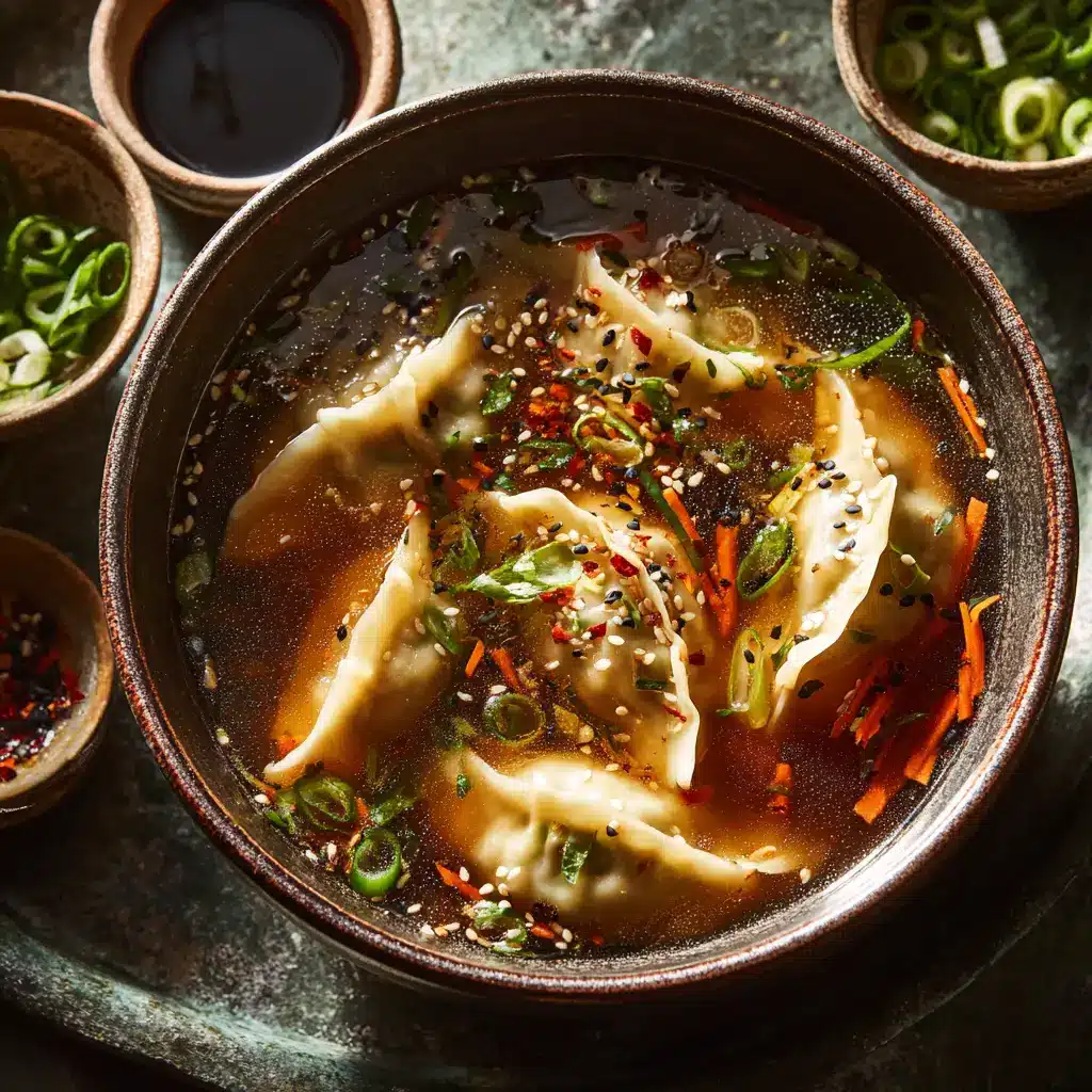 A step-by-step visual of making quick potsticker soup. Potstickers are simmering in a savory ginger-garlic broth in a large pot.