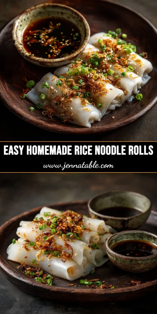 An overhead shot of a delicious homemade Rice Noodle Rolls Recipe (Cheung Fun), drizzled with sweet soy sauce and garnished with scallions.