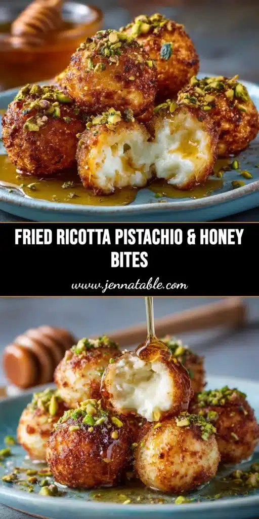 Ricotta Pistachio Honey Bites (Easy Appetizer!) 3 A platter of Ricotta Pistachio Honey Bites, showing creamy whipped ricotta on crisp crostini, topped with chopped pistachios and a drizzle of honey.