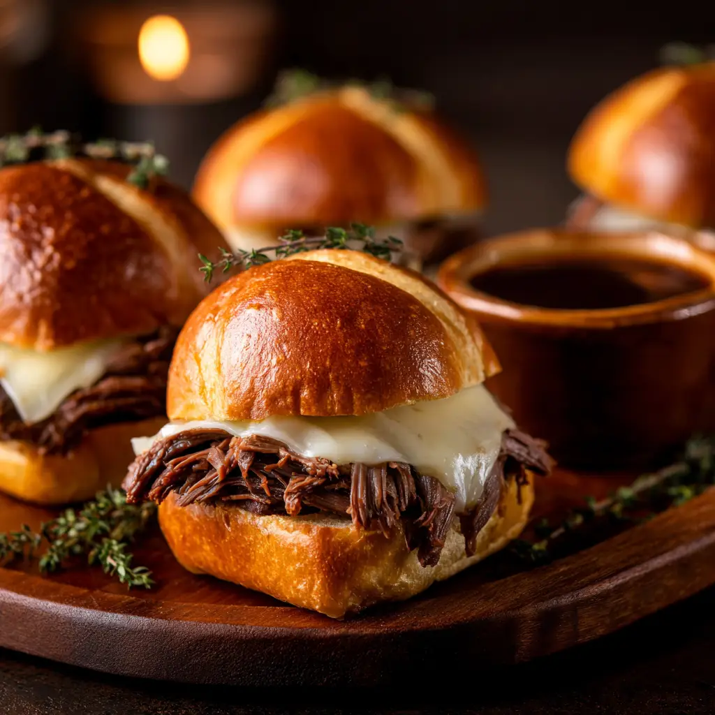 A close-up shot showing the layers of a roast beef slider, including tender beef, melted provolone cheese, and sweet caramelized onions inside a soft roll.