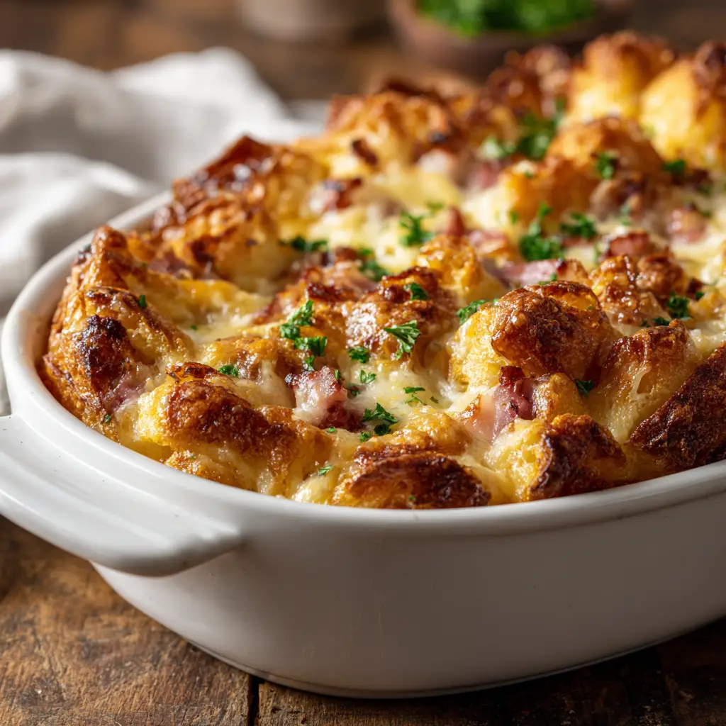 A savory breakfast bake being prepared, with layers of croissants, ham, and cheese in a baking dish before the egg custard is added.