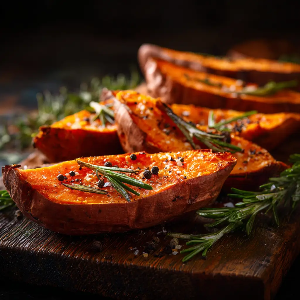Roasted Sweet Potatoes: The Ultimate Crispy & Savory Recipe 2 A close-up shot of oven-roasted sweet potatoes in a white bowl, showcasing their caramelized texture and savory seasoning.