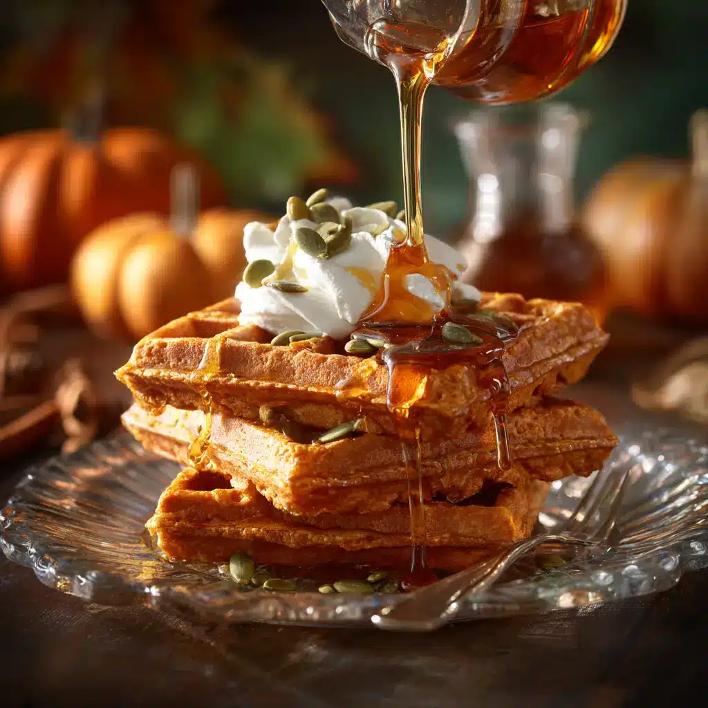 A beautiful platter of fluffy pumpkin waffles being served with a side of maple syrup and toasted pecans.