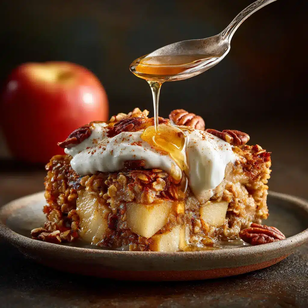 A slice of baked apple oatmeal being lifted from a baking dish with a spatula, revealing the moist and hearty inside of the healthy breakfast casserole.