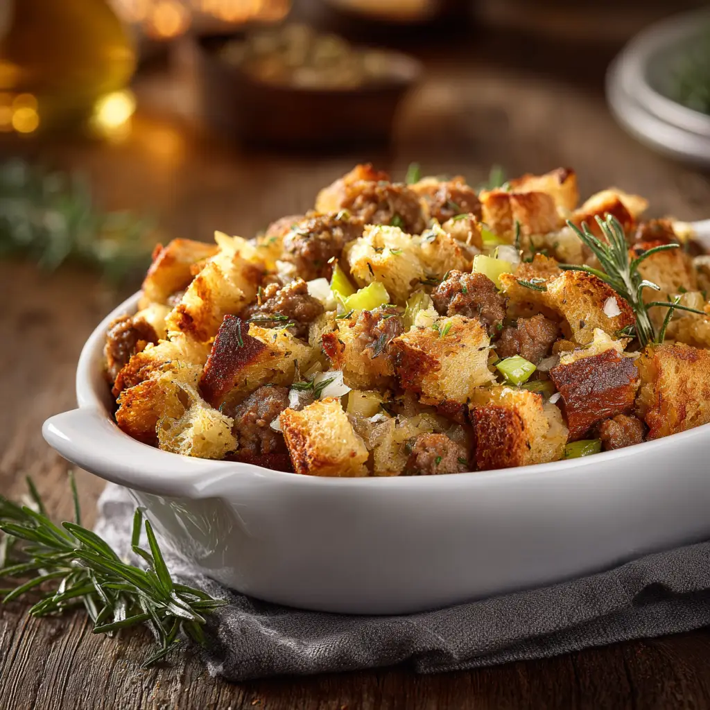 A spoonful of holiday sausage stuffing being lifted from a baking dish, highlighting its rich ingredients like sausage and celery.