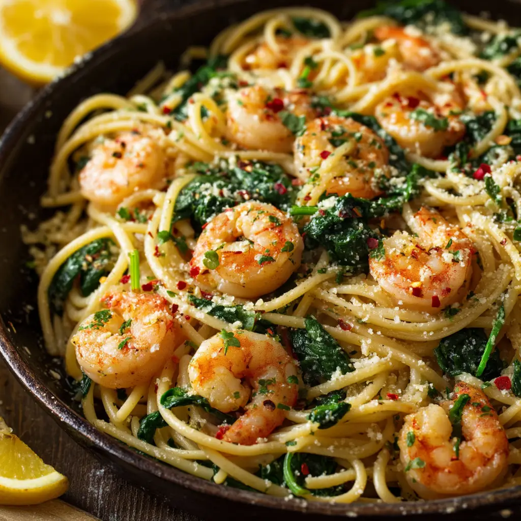 A serving of quick lemon shrimp pasta being twirled on a fork, ready to be eaten.