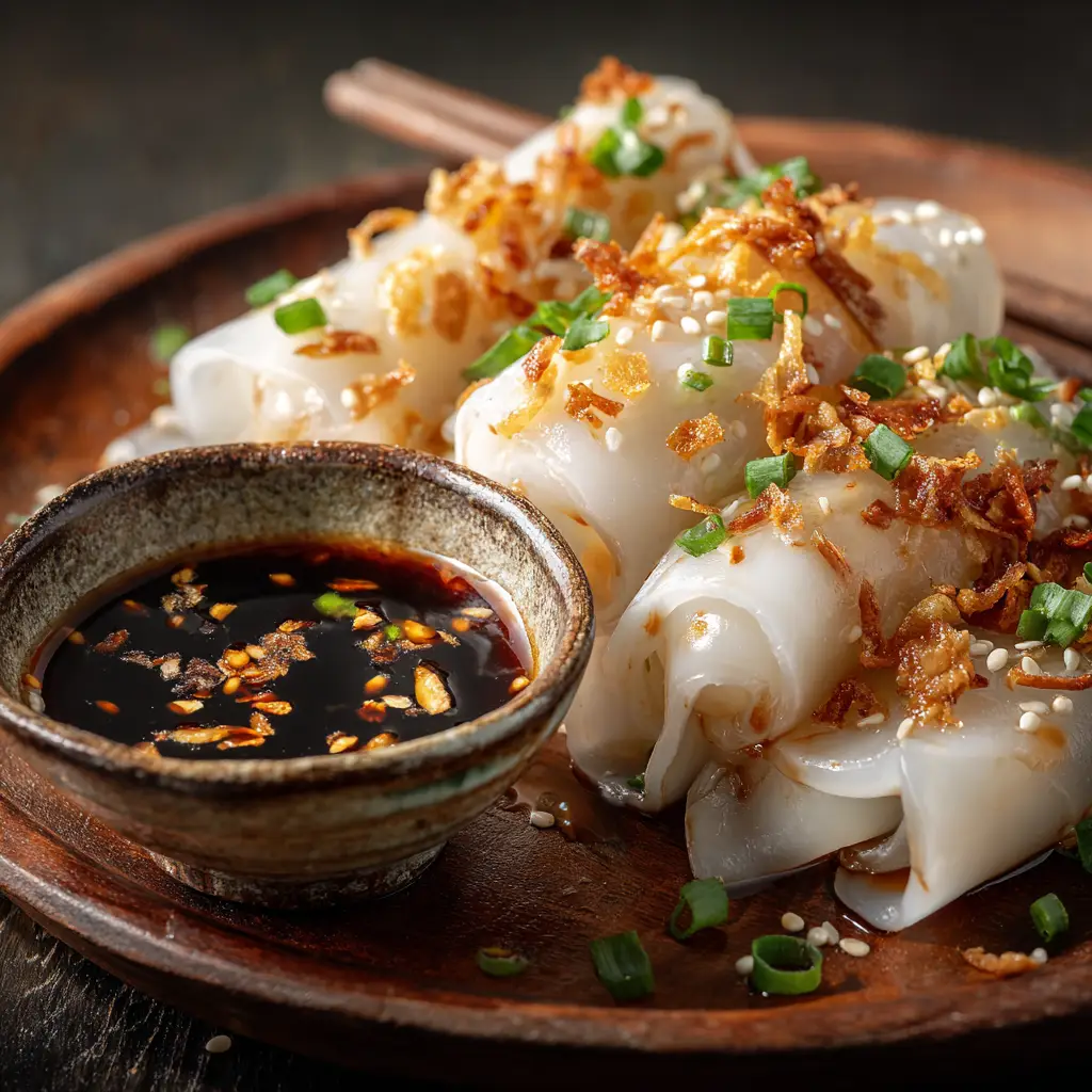 A plate of shrimp-filled rice noodle rolls (Har Cheung) garnished with fresh cilantro and served with a savory dipping sauce.