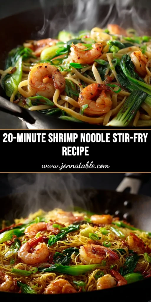 An overhead shot of a delicious Shrimp Stir Fry with Noodles in a white bowl. The stir fry is colorful with shrimp, broccoli, and carrots, ready to be pinned.