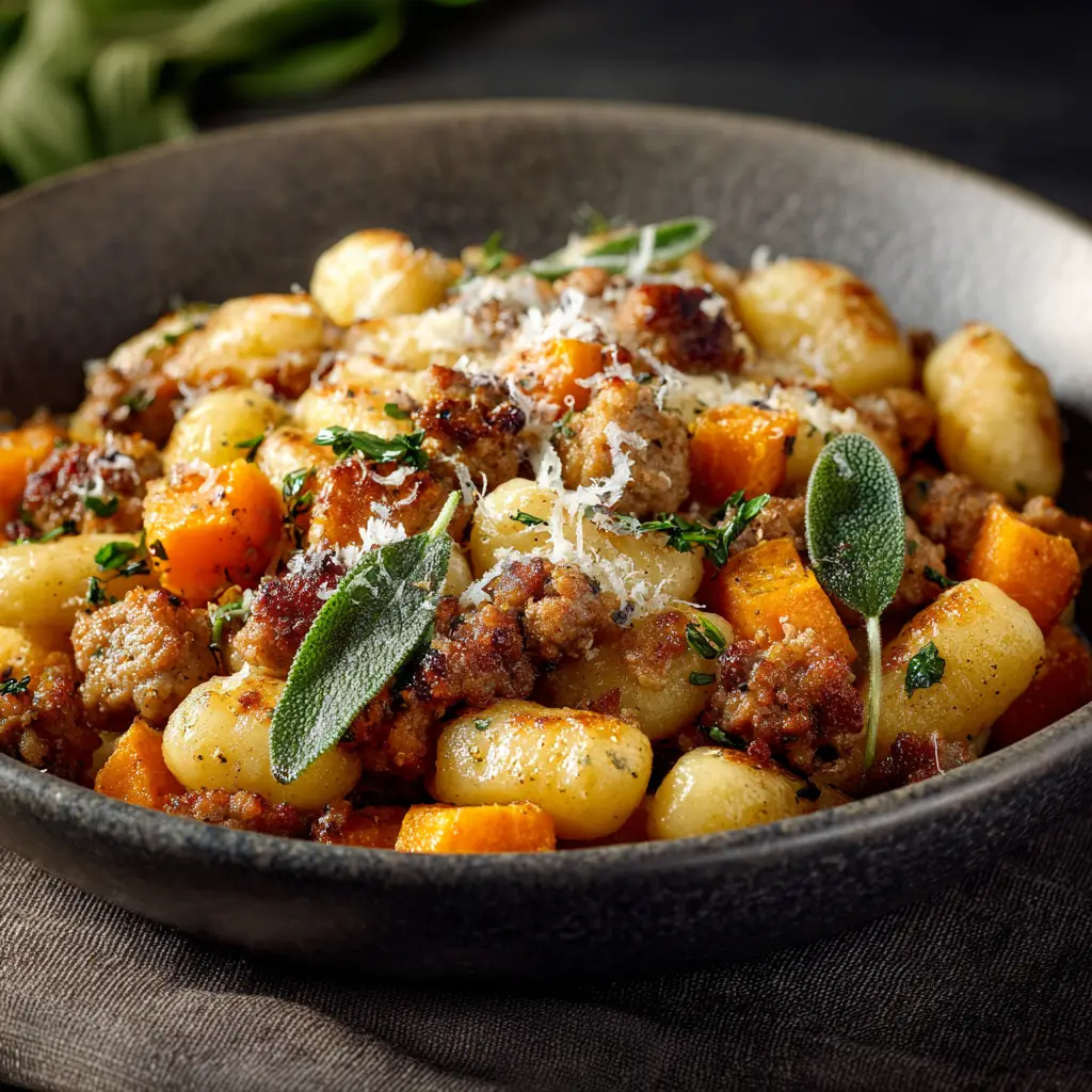 A hearty serving of pan-seared gnocchi with butternut squash and sausage in a skillet, ready to be served.