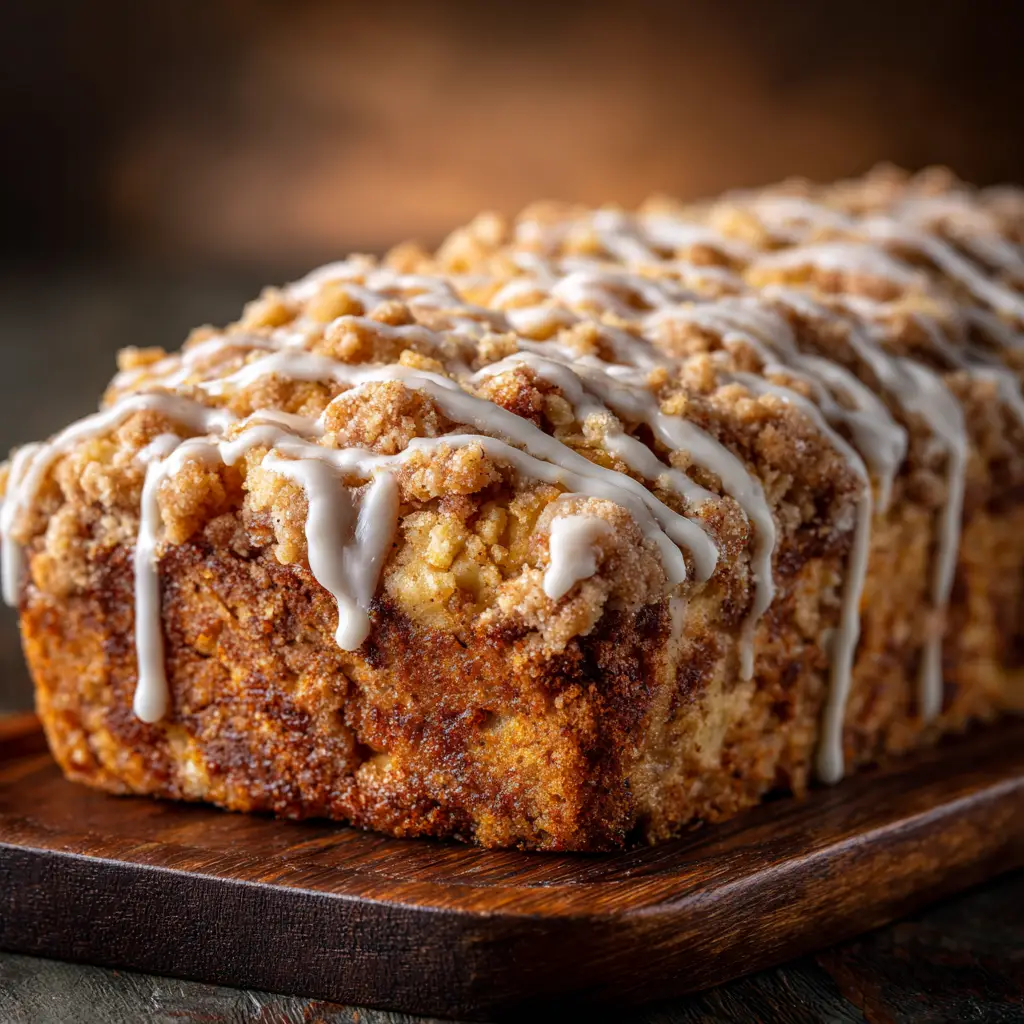 A close-up view of a single slice of apple crisp bread, showing the moist, tender crumb and chunks of baked apple within the loaf.