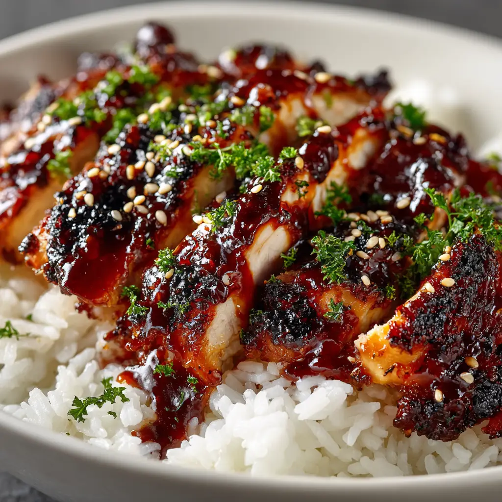 An extreme close-up of juicy, sliced honey BBQ chicken, highlighting the glistening, caramelized glaze from the sweet and smoky BBQ sauce.