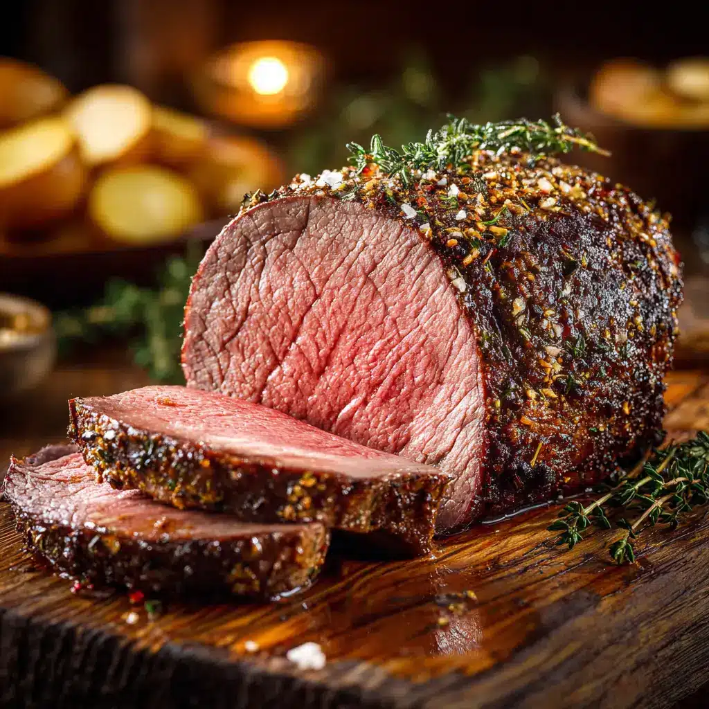 Thick slices of juicy, medium-rare beef tenderloin arranged on a platter, highlighting the flavorful garlic peppercorn crust.