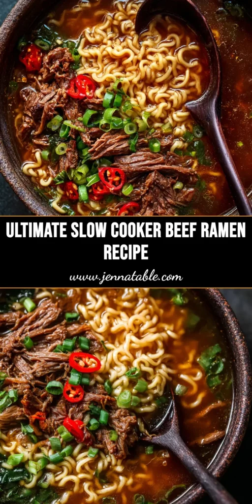An overhead shot of a bowl of Slow Cooker Beef Ramen, showing tender beef, noodles, a soft-boiled egg, and green onions in a rich broth. The text overlay reads 'Easy Slow Cooker Beef Ramen'.