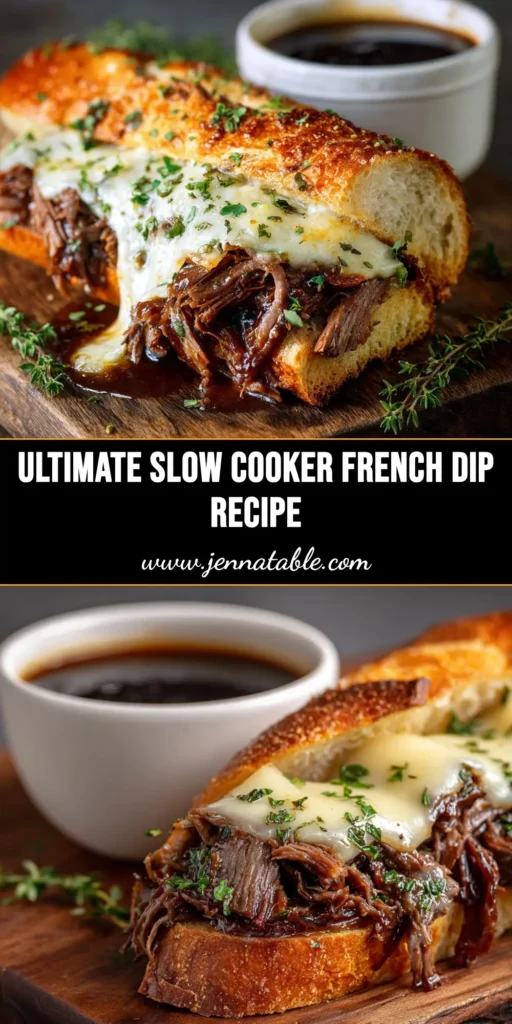 An overhead shot of a perfectly assembled Slow Cooker French Dip sandwich on a toasted hoagie roll, with a side of rich au jus for dipping. The beef is tender and juicy, topped with melted provolone cheese.