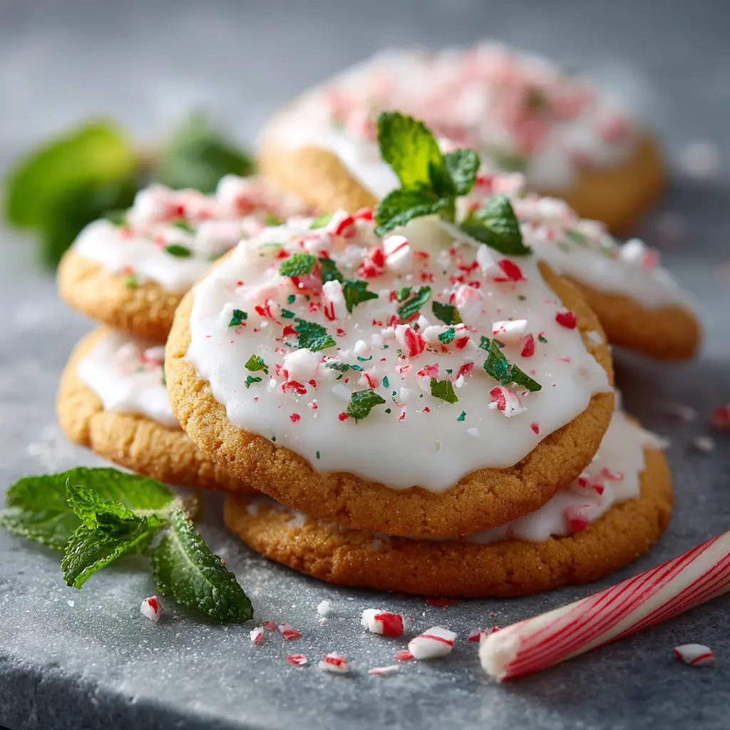 A close-up shot of a stack of soft peppermint cookies, showcasing their chewy texture and golden-brown edges.