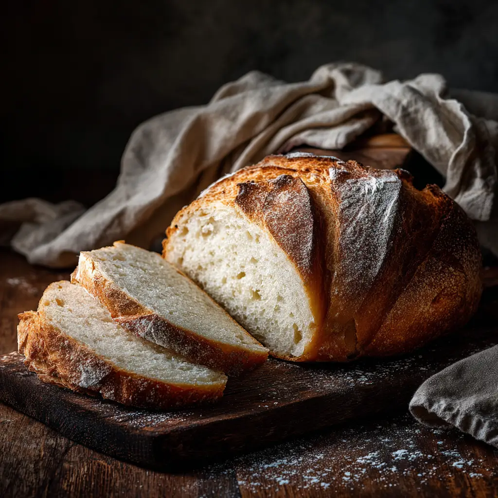 A hand slicing into a soft loaf of potato bread, revealing the moist and fluffy crumb inside.